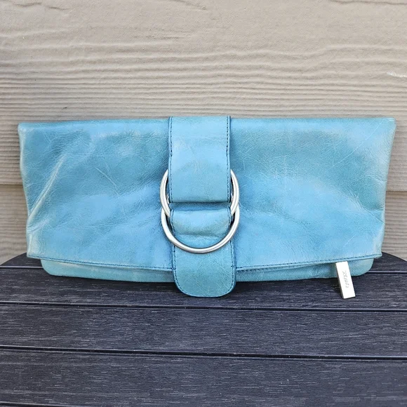Hobo International Teal Blue Aqua Leather Fold Over Clutch Bag Small Purse